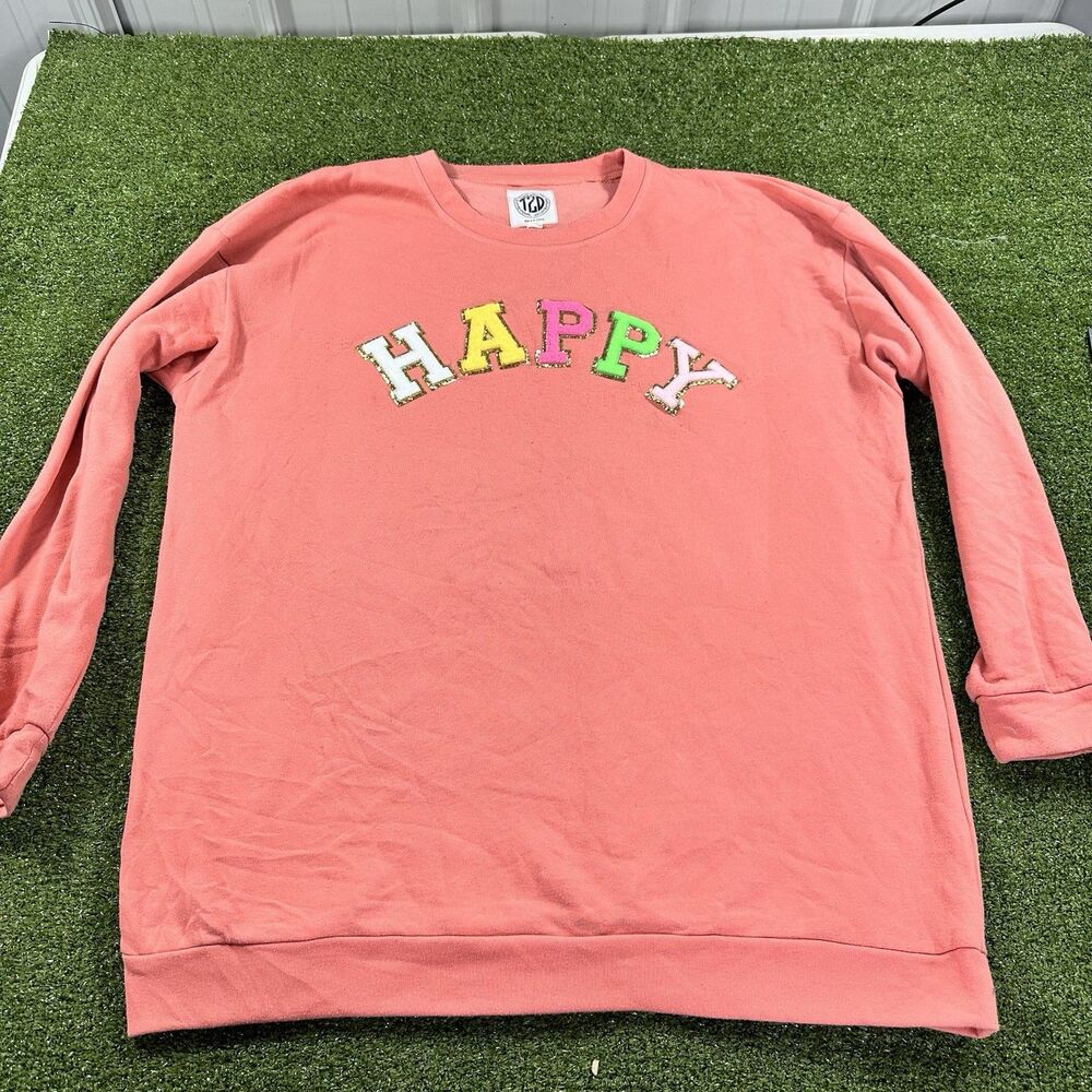Tees2UrDoor Women's Happy Graphic Patch Pullover Sweatshirt 2XL